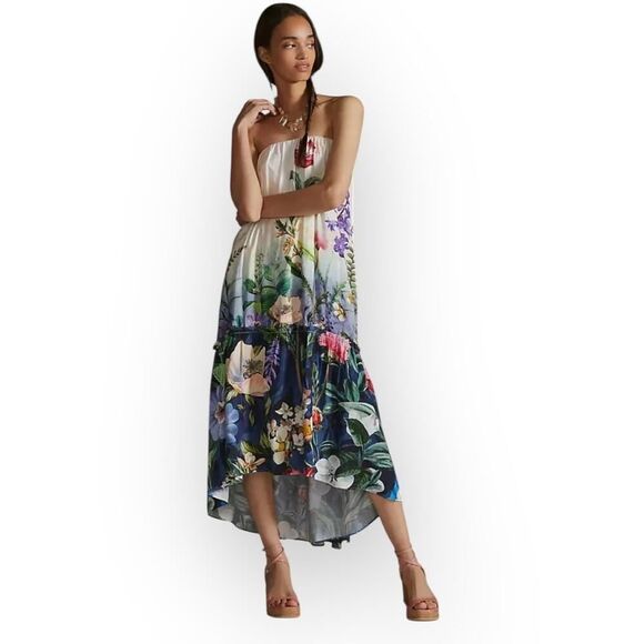 Anthropologie Midi  Dress Women's Med White Blue Floral Strapless Tunic High Low - Picture 1 of 12